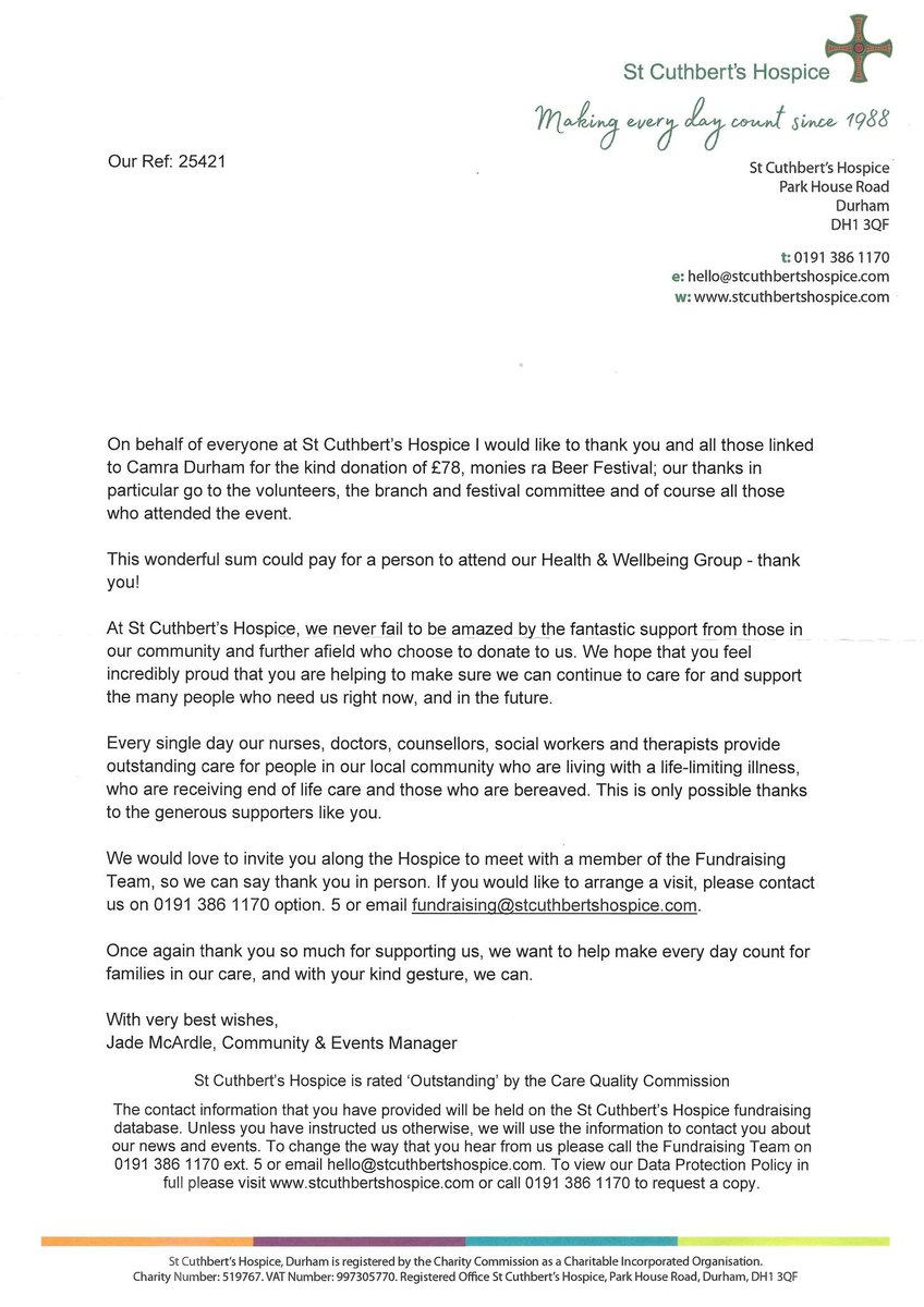 DurhamBeerFest2's tweet photo. We would like to say a big thank you to St Cuthbert's Hospice &amp; Durham's Mayor for their lovely thank you's for the donation that was made from our recent beer festival. Also a huge thank you to those visitors who donated tokens to this wonderful charity. 🙏

#durhambeerfestival https://t.co/ARWFRv1Sr8