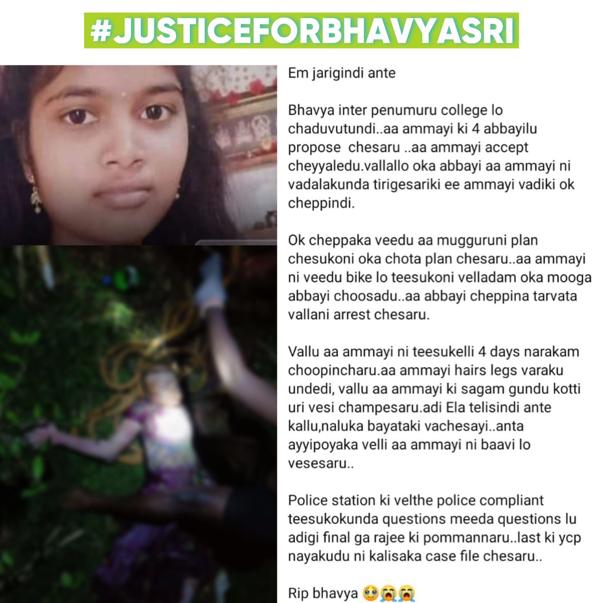 meghanath9999's tweet photo. Please RETWEET 

Justice For Bhavya Sri 🙏

#JusticeForBhavyaSri https://t.co/3ODSLC54BW