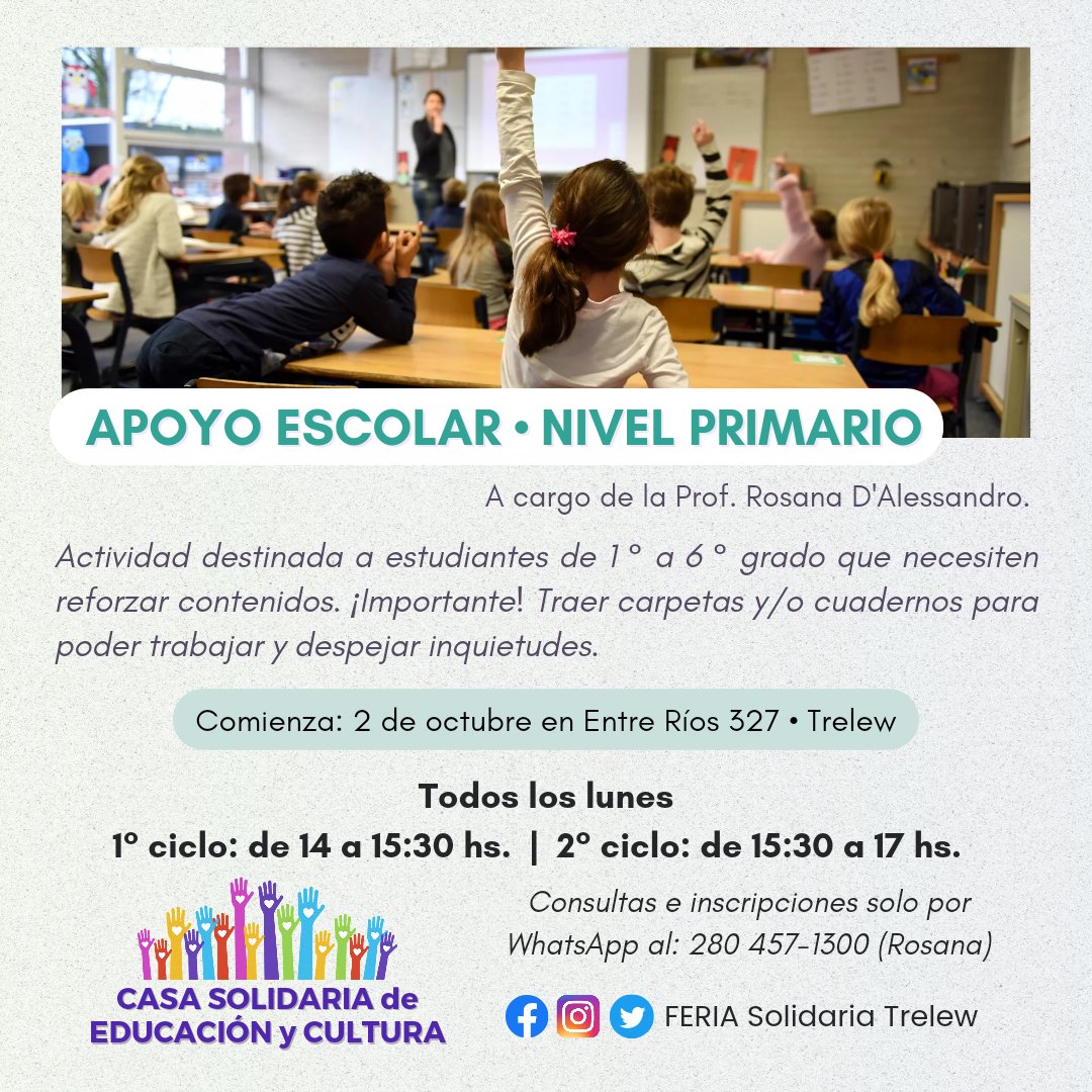 FeriaTrelew's tweet photo. #CasaSolidaria🏠💜 Octubre llega con clases de apoyo para niños y niñas que transitan la Educación primaria 🏫
La profe Rosana D'Alessandro los acompañará para reforzar los aprendizajes 📒
(Actividad sin cargo)
#FeriaSolidariaTrelew
La solidaridad nos une y tu aporte suma 💜 https://t.co/UVueFOPxtu