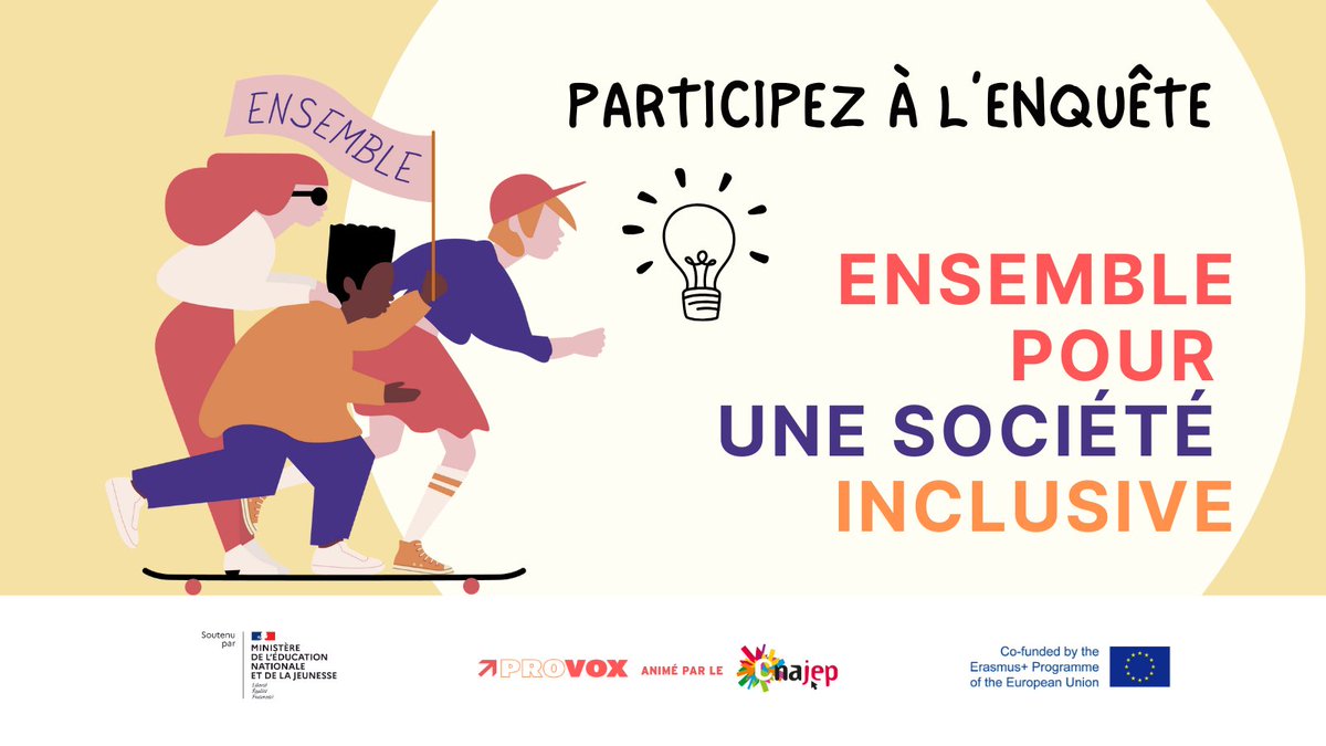Participez à l'enquête de la nouvelle campagne #provox "Ensemble pour une société inclusive"🧐Tous les jeunes français.e.s entre 13 et 30 ans sont invité.e.s à répondre provox.typeform.com/sondage
A partager largement ! <a href="/Cnajep/">CNAJEP</a> <a href="/Jeunes_gouv/">Jeunes_Gouv</a> <a href="/UEFrance/">Commission européenne 🇪🇺</a> @ErasmusplusJeun