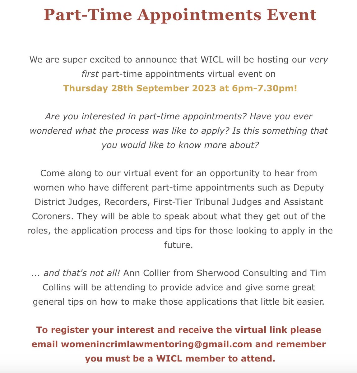 WomenInCrimLaw's tweet photo. Don't forget our part time appointments event coming up this Thursday! There is still time to sign up so make you don't miss out... https://t.co/6YoTKRHr3j