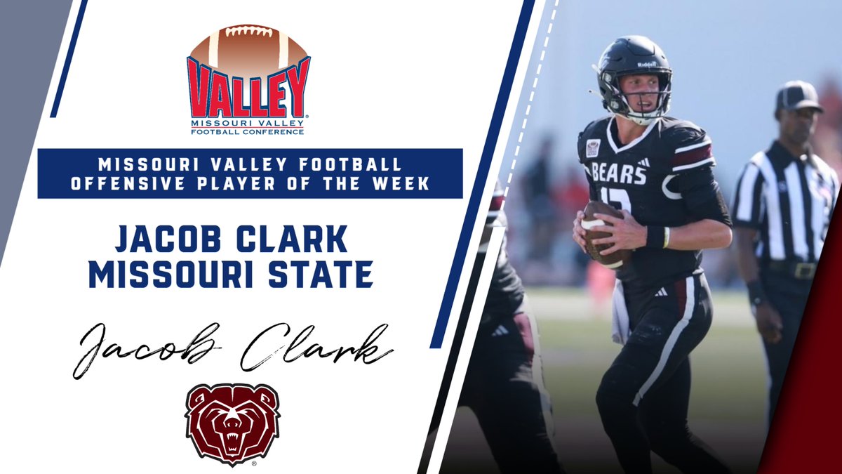 Your #MVFC Offensive Player of the Week:  @MOStateFootball Jacob Clark.  Clark passed for 414 yards and matched a school record with 5 TDs to lead MoState to a 59-14 win over visiting Utah Tech.

⬇️
bit.ly/457qd4n
