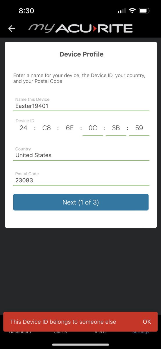 K_Easter's tweet photo. @AcuRite_Answers my device has been inactive for a couple years but trying to setup again. However I get the message “device belongs to someone else”. It was originally mine and I believe I’m using the same email address used to register originally. https://t.co/0rmoLAUkJX