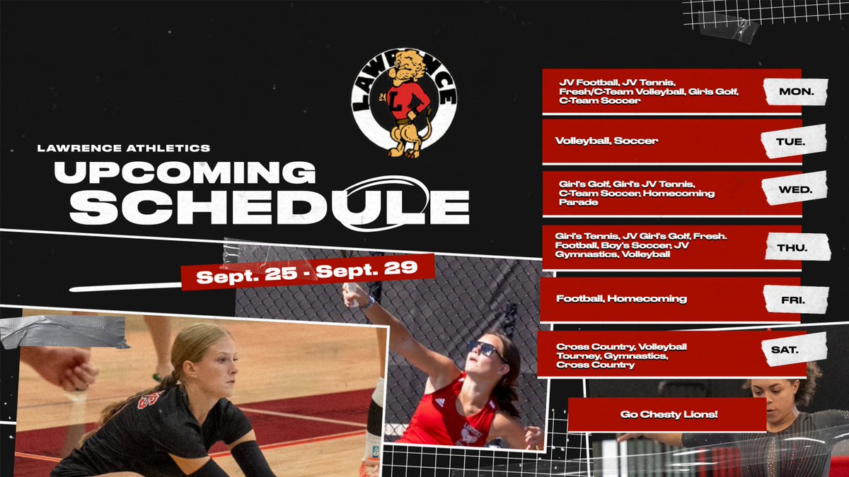 LawHS_Athletics's tweet image. Homecoming Week!

We have an extremely busy week for Lawrence Athletics!

sunflowerleagure.org
lawrenceathletics.org
🦁⛳️🏐🎾🏈⚽️🤸‍♀️🏃‍♀️🏃‍♂️ #GoChestyLions #HomecomingWeek
