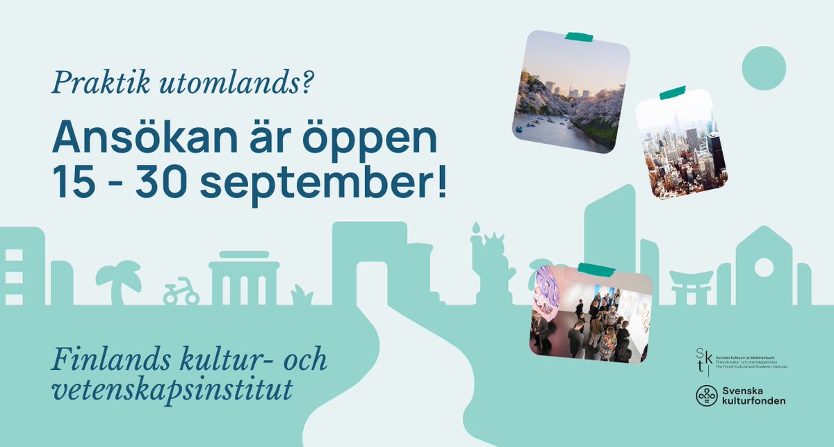 instituutit's tweet photo. 👀 Bara under en vecka kvar att ansöka om utlandspraktik vid Finlands kultur- och vetenskapsinstitut!

🔗 Sök innan den 30 september via @kulturfonden 

https://t.co/Aej5dL6BQC https://t.co/LRE7IShvXR