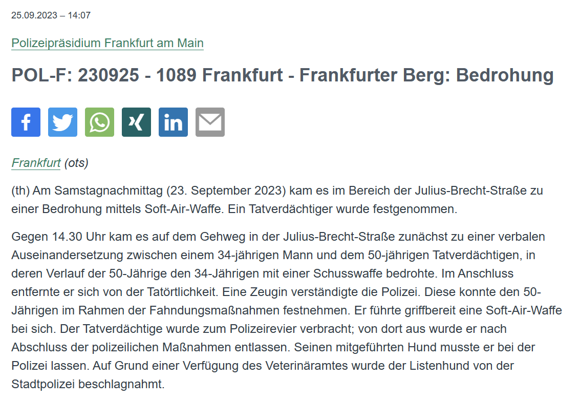 Polizei_Ffm's tweet photo. #Frankfurt #FrankfurterBerg
Im Verlauf einer verbalen Auseinandersetzung zog gestern ein 50-Jähriger eine #Softairwaffe und bedrohte damit einen 34-Jährigen.
Eine Zeugin rief den #Notruf110. Darauf folgte die #Festnahme des Tatverdächtigen.
PM: https://t.co/GFTiwiItM1 https://t.co/h55jDJo7is