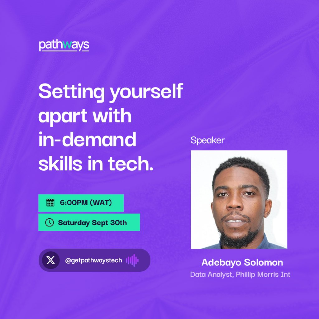 GetPathwaysTech's tweet photo. Our speaker @Adebayo_SD  is a Digital Deployment Data Analyst at Philip Morris International . 

He is an accomplished digital deployment analyst known for his expertise in driving successful deployments and leveraging data analytics to achieve transformative results.

Beyond his professional roles, Adebayo Solomon serves as a part-time lecturer at Rome Business School in Lagos, Nigeria.

🗓️ Saturday, 30th September 

⏰6pm

Set reminder!