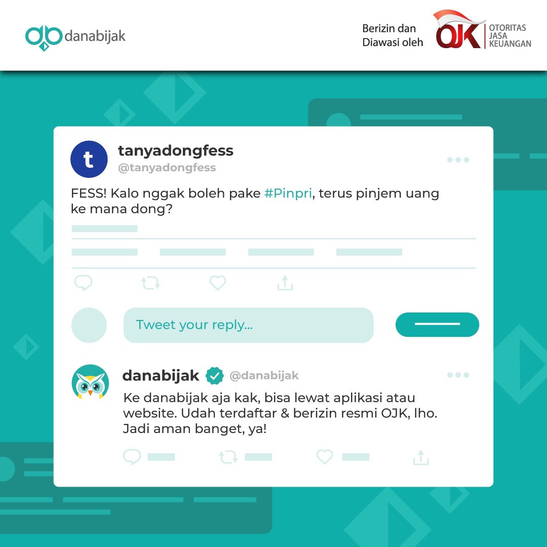 Danabijak's tweet photo. Ingat pinjaman online, ingatnya apaaaaaaaa? Yes, danabijak!

Syaratnya pun mudah!
1\. Warga Negara Indonesia

2\. Usia minimal 25 tahun

3\. Penghasilan minimal Rp1.600.000

PS: Keputusan hasil akhir tetap berdasarkan skor kredit dari masing-masing kreditur, ya.

#danabijak #OJK https://t.co/T7jk9PQWup