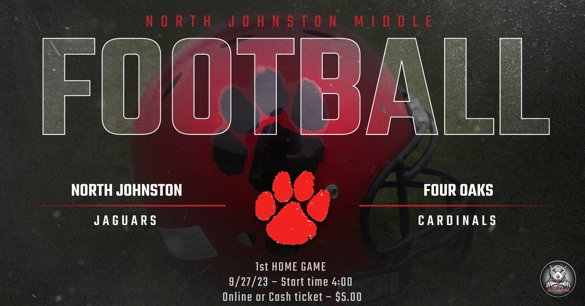 Come out to our first Home football game! 9/27 @ 4pm. Tickets available online or cash at gate. <a href="/NJMiddleJaguars/">North Johnston Middle</a> <a href="/FOMSCardinals/">Four Oaks Middle</a>