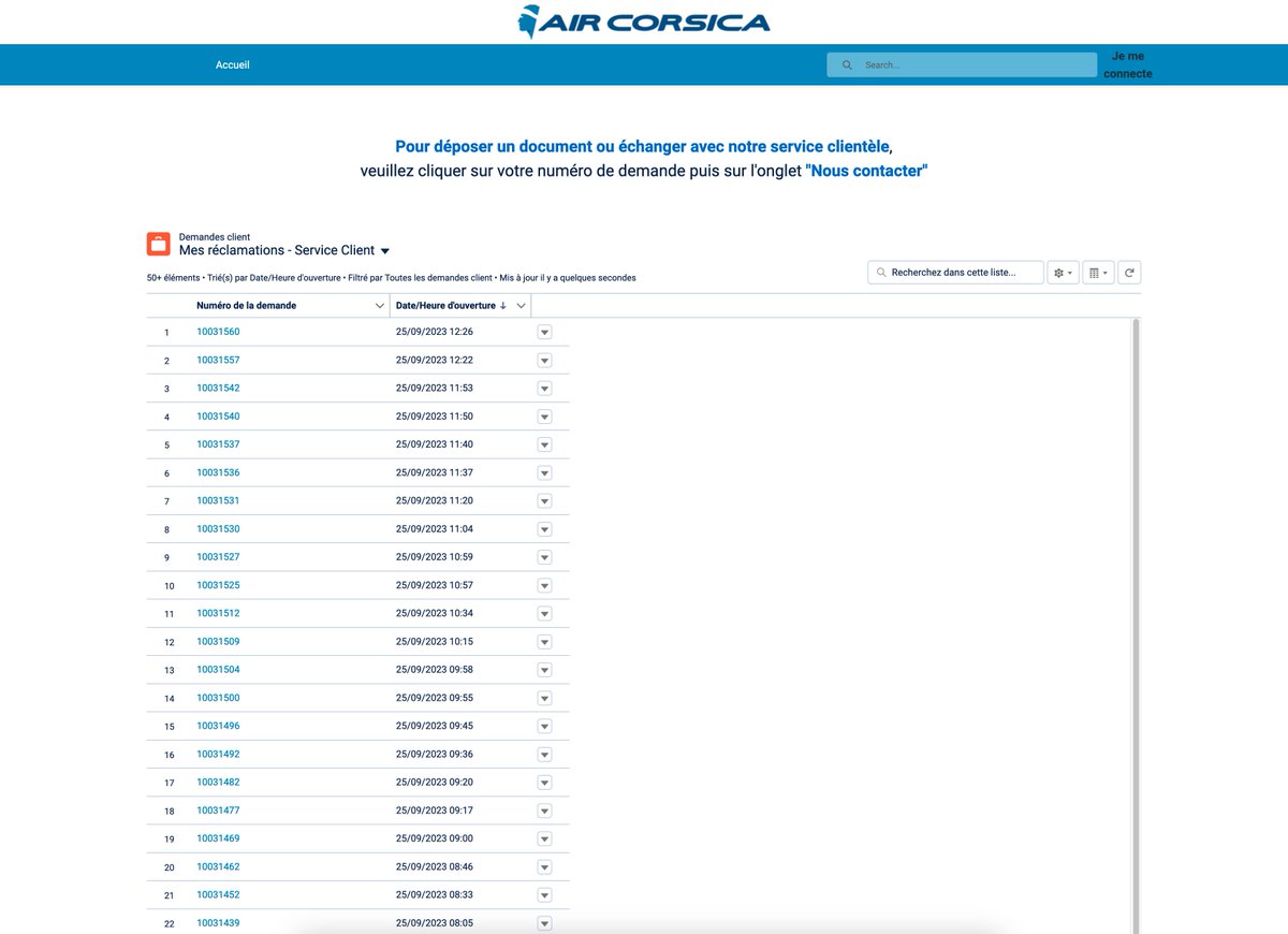 oliv06's tweet photo. @aircorsica : 🚨 votre service en ligne de réclamations a très clairement un problème de droits d'accès... 
Je ne vais pas creuser, mais voici ce que je vois, sans hack, sans authentification, directement sur le site public. Pensez à corriger rapidement. https://t.co/S5kRMDIwIf