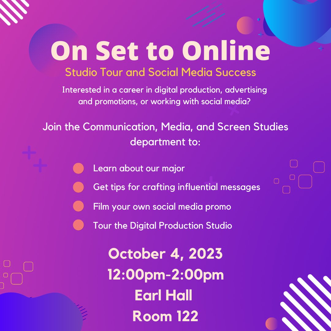SCSU_CMS's tweet photo. Join us on 10/4/2023 from 12-2pm to learn about the Communication, Media, and Screen Studies major. Tour the studio, create your own social media promo, and more! https://t.co/gySoI3NPP1