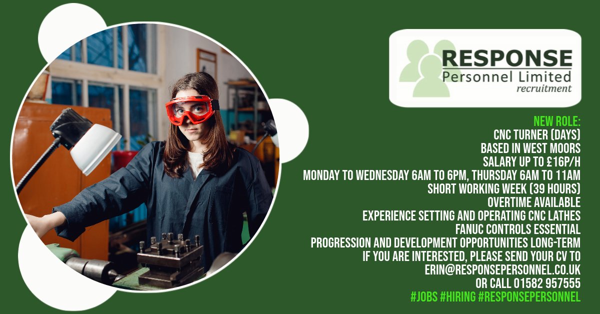 ResponseJobs's tweet photo. CNC Turner (Days)
Based in West Moors
Salary Up to £16p/h
Short working week (39 hours)
Overtime available
Experience setting and operating CNC lathes
Fanuc controls essential
If you are interested, please send your CV to erin@responsepersonnel.co.uk
Or Call 01582 957555 https://t.co/fTo1uIAfpe