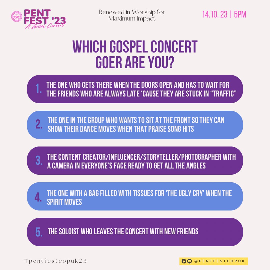 Grateful for a new week because we we are another week closer to #pentfestcopuk23 and inquiring minds want to know: which type of gospel concert goer you are. Let us know!!🗣️🤔💭
-
We’ll start: No.4🙋🏿‍♂️🙋🏽‍♀️

#pentfest #pentfestcopuk #worship #thecopuk