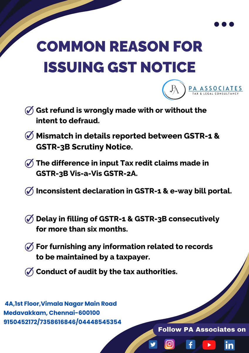 PAAssociatestwe's tweet image. Common Reason for issuing Gst notice

#gst #gstnotification #gstnotice #notice #issuing #commonreason #gstupdates