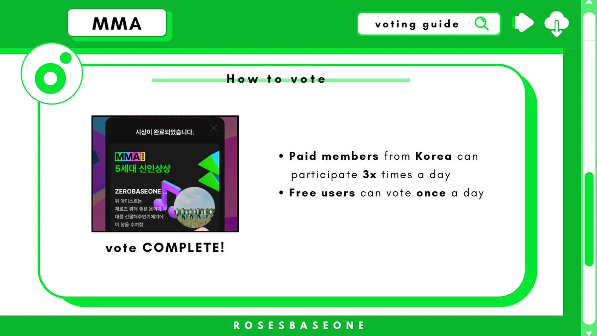 🗳️— MMA 2023 [MELON PLAQUE AWARD]

The plaque will be delivered directly to the TOP 10 WINNERS &amp; they’ll also be featured on the main page of MMA 2023! Vote for ZEROBASEONE !

Current ranking:
<14th‼️>

How to vote?
• Open: kko.to/vDX1t2TIQF
• Login with Kakao/Melon acc