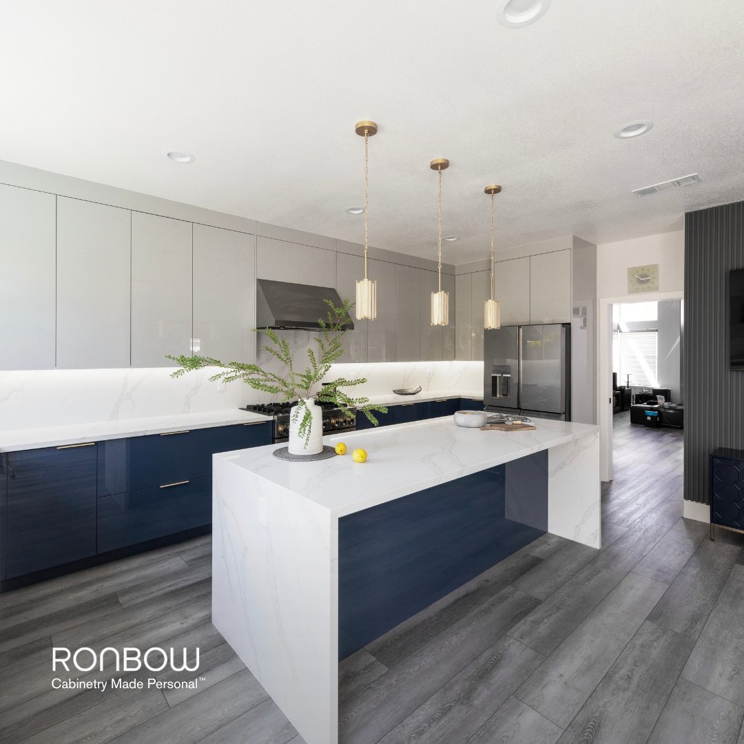 The full view of this 'Blue Moon' kitchen comes into the fold. A familiar touch of colorful fruit adds that intriguing glow. #ronbowkitchens #customcabinets #bayarea #customremodel