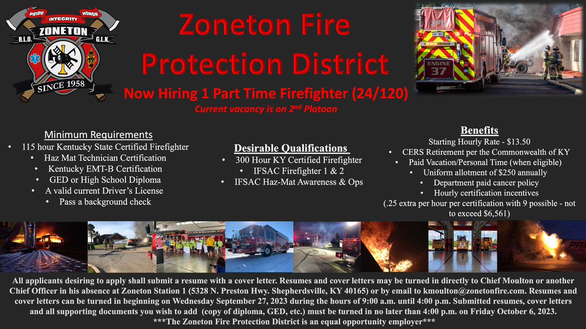 We are hiring!!! Please share with or tag anyone that might be looking for a part time firefighter’s position.