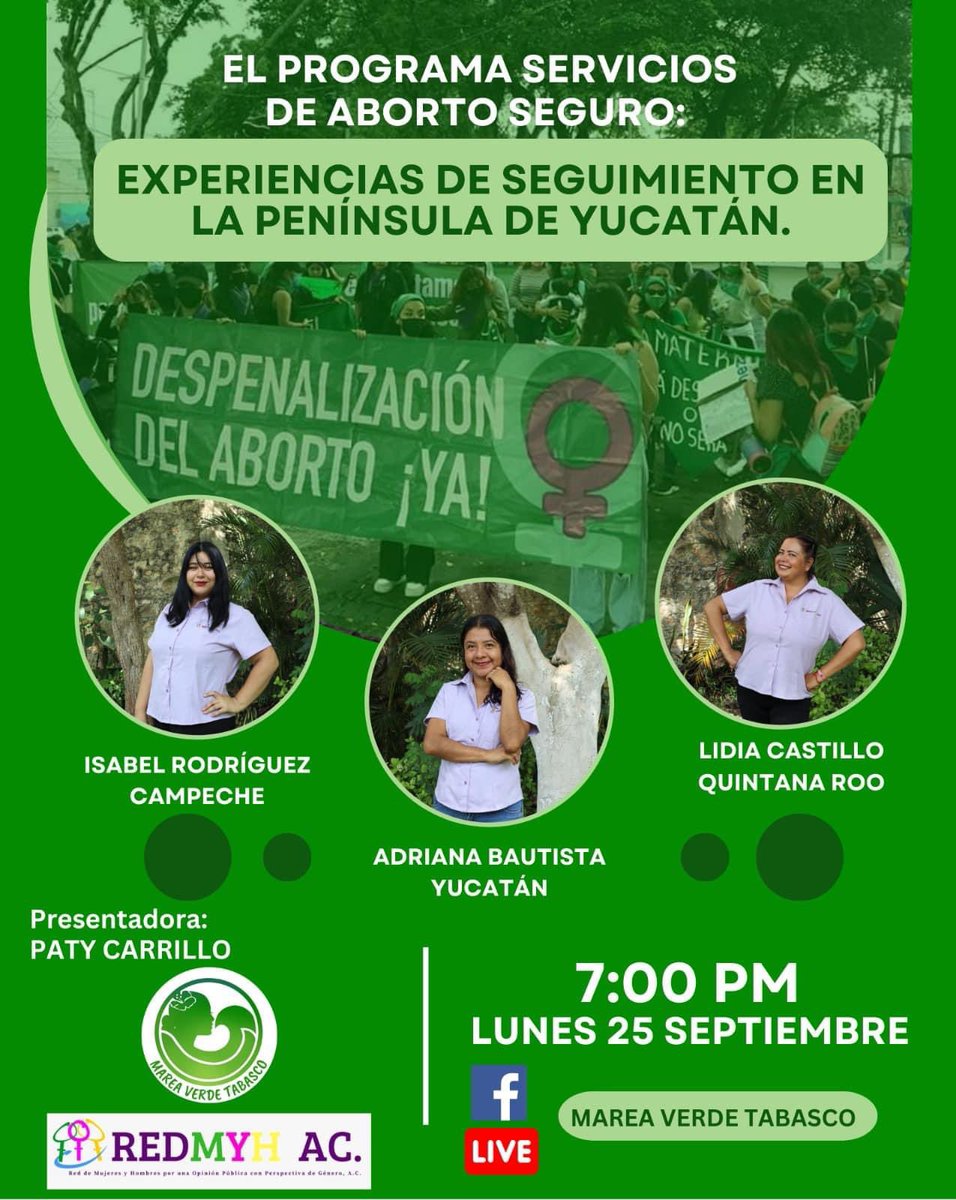 RedMYH's tweet photo. 💚 Hoy lunes 25 de septiembre a las 7:00 PM, a través de las redes sociales de Marea Verde Tabasco a quienes agradecemos el espacio para hablar de los derechos de las mujeres y de las niñas. https://t.co/4YVE6HnCiV
