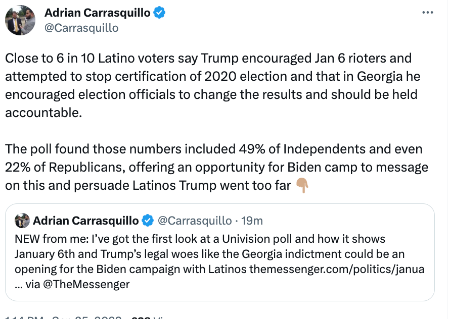 kramos1841's tweet photo. As @Carrasquillo noted below, January 6 and the efforts to overturn the 2020 elections are toxic with Latino voters. This is another in a long line of data points highlighting how toxic MAGA is with Latino voters. full story - https://t.co/DoqYmeOGvq https://t.co/lsrJGp8uBf