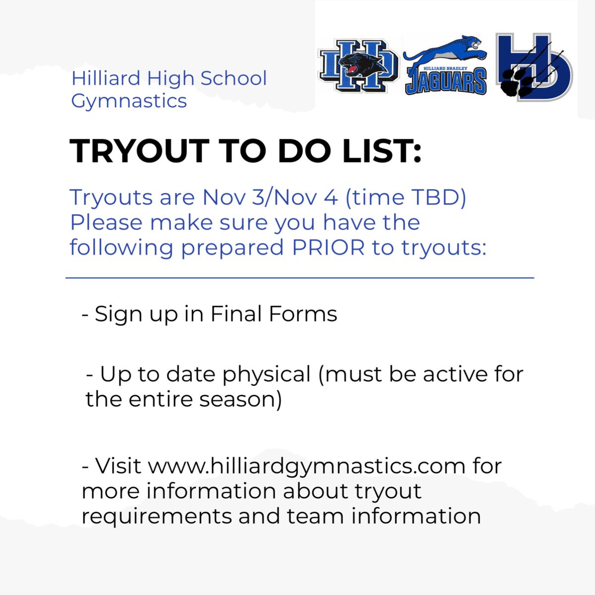 Tryouts are just around the corner! We will be sure to post more specific tryout information once finalized, but in the meantime please make sure to do the following. You must be signed up in final forms and have an active physical PRIOR to tryouts/required to participate! 🤸🏽‍♀️