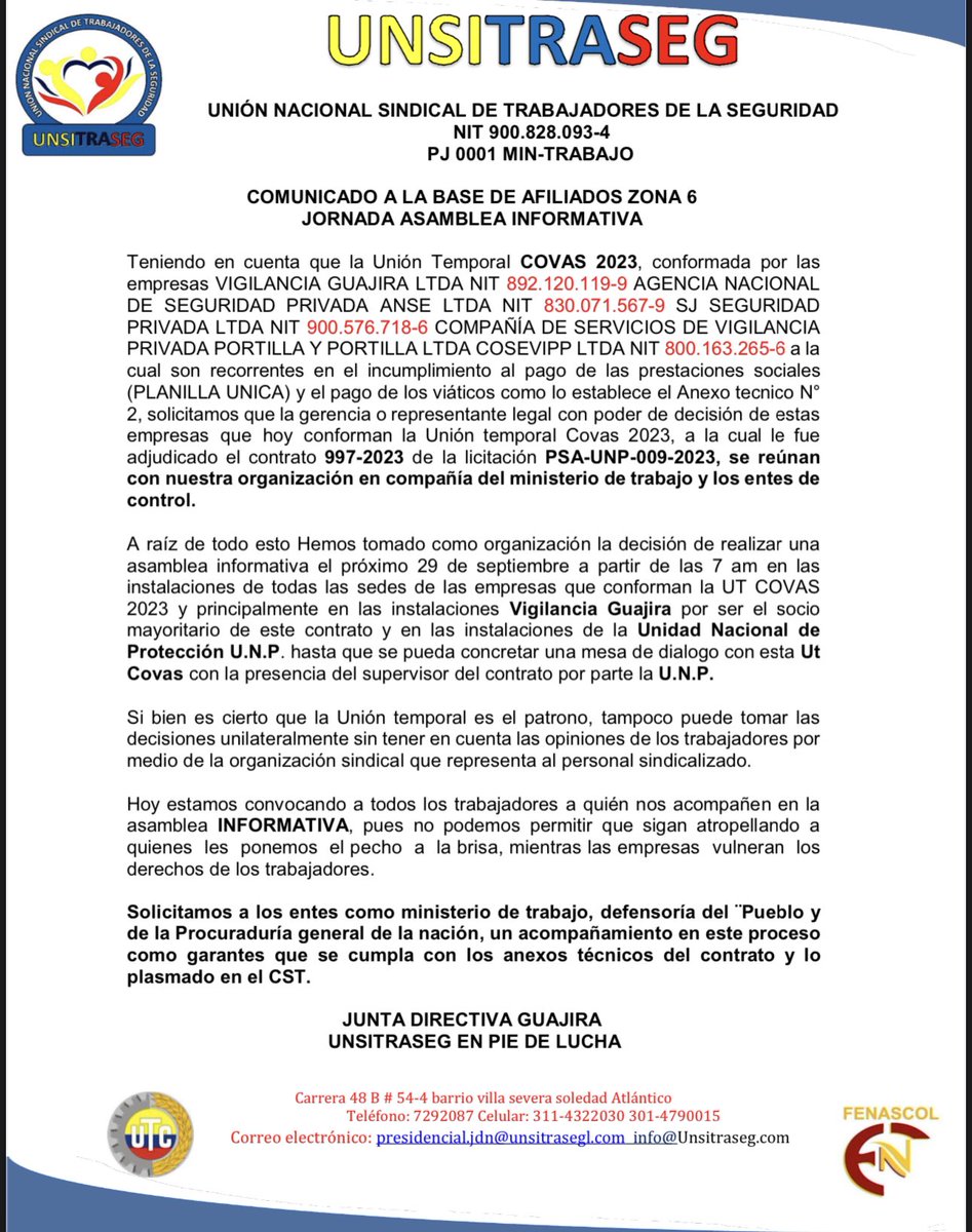 Acabamos de nuevo  gran asamblea informativa <a href="/UNPColombia/">Unidad Nacional de Protección, UNP.</a> <a href="/MintrabajoCol/">MinTrabajo</a> <a href="/CesarUnsitraseg/">Comunicaciones Unsitraseg Cesár</a> <a href="/alfredodiaz0319/">PDTE UNSITRASEG</a> <a href="/PalmaEdwin/">Edwin Palma Egea</a> hasta cuando estaremos aguantando las malas prácticas de la empresa <a href="/VigilColombia/">VigilColombia</a> estamos cansados necesitamos más acciones por parte de las instituciones.