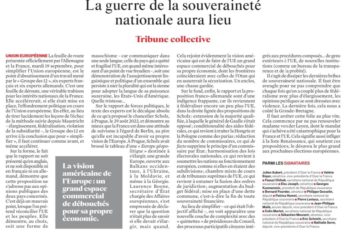 Vukuzman's tweet photo. "La guerre de la souveraineté nationale aura lieu" 🇨🇵

Nous nous opposons à la vassalisation de  l'Europe aux USA. Nous refusons le coup d'État fédéraliste engagé par Ursula von der Leyen et Emmanuel Macron avec sa "souveraineté européenne".

Tribune dans le @leJDD consignée avec @JulienAubert84 👇