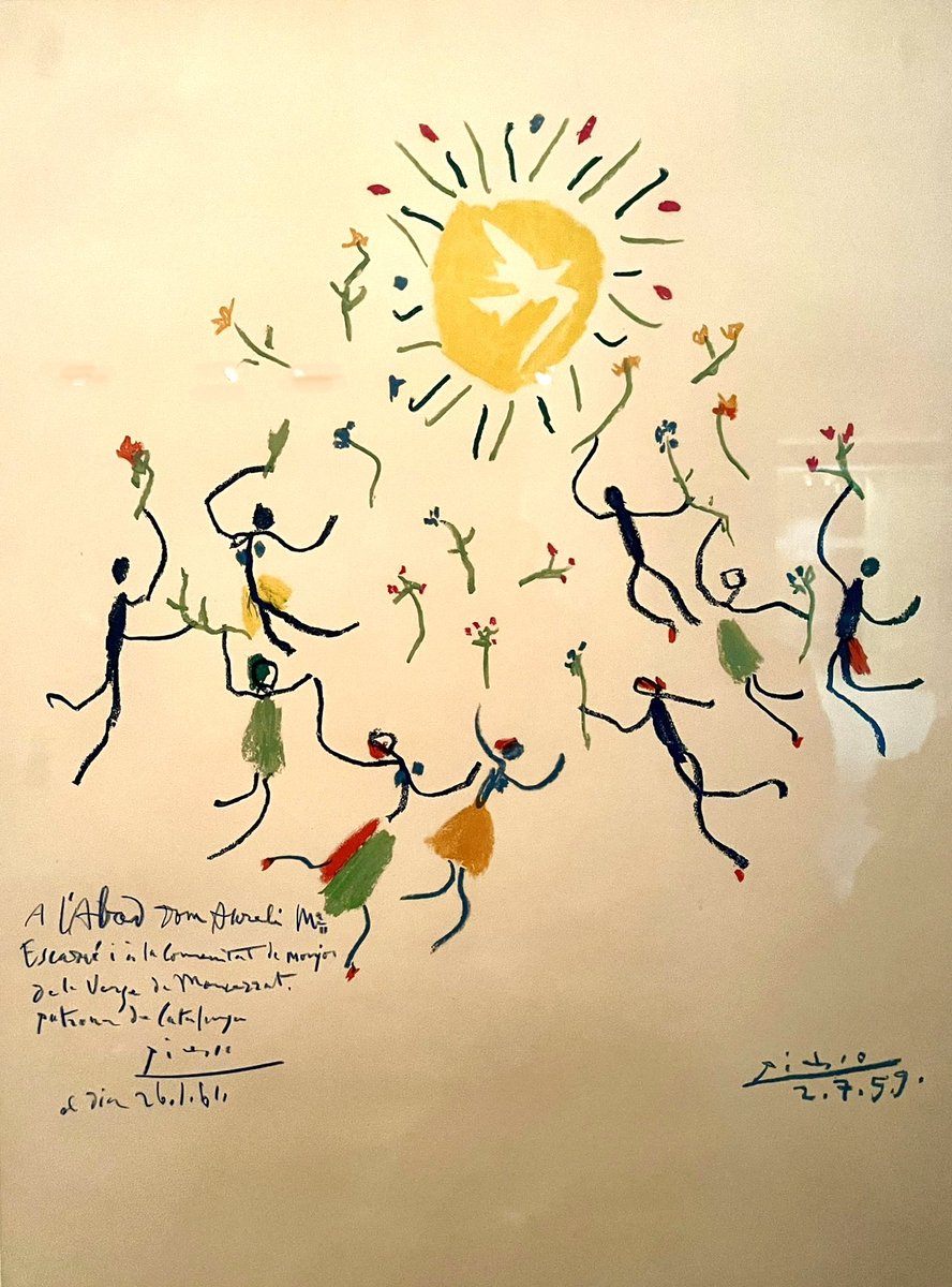 jolival65's tweet photo. Un dels pocs textos escrits en català de Picasso el tenen al @MuseuMontserrat en aquesta còpia de litografia seva de 1959. El dedica a l’Abat Escarré i a la comunitat de monjos. Al darrere s’hi amaga una bonica història que el #MuseuMontserrat podria explicar. https://t.co/bXIaeN4nqj