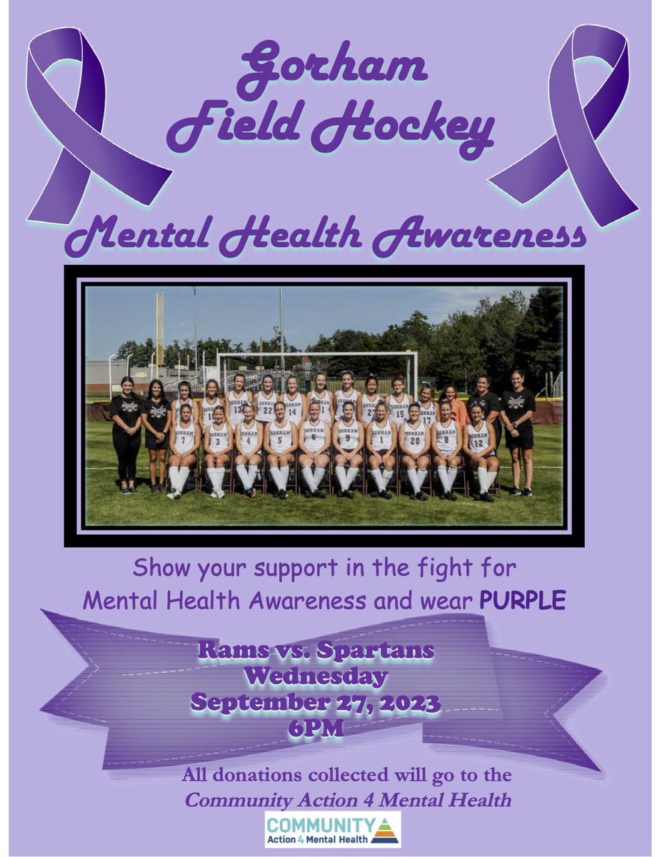Join the  Gorham Field Hockey Team on Wednesday as they host the Sanford Spartans.  JV 4:30, Varsity 6pm. Our "PURPLE" takes on EXTRA meaning as we show  support for Mental Health Awareness! Please consider a donation when  attending the game.#gorams
<a href="/SanfordSpartans/">Sanford Athletics</a>