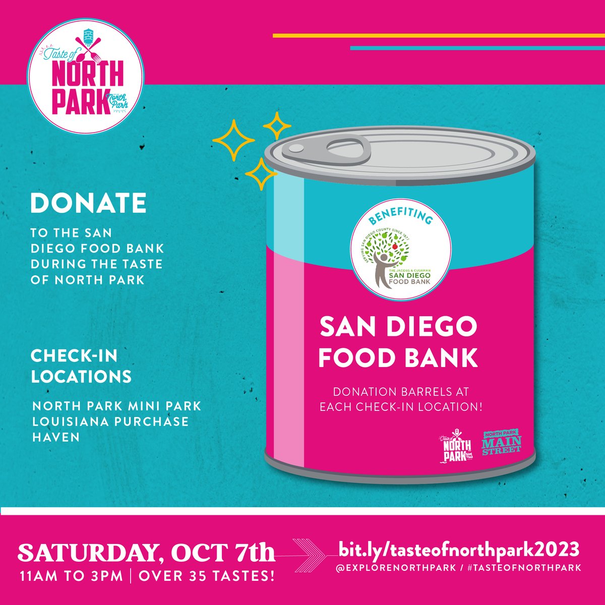 ATTN: Taste of North Park Guests! If you bring in 5 nonperishable items to one of our Taste of North Park check in locations and you will receive a FREE tote bag!!
@sdfoodbank 

Check in Locations include:
Louisiana Purchase @louisianapurchasesd
Haven @communalcoffee
The North Pa
