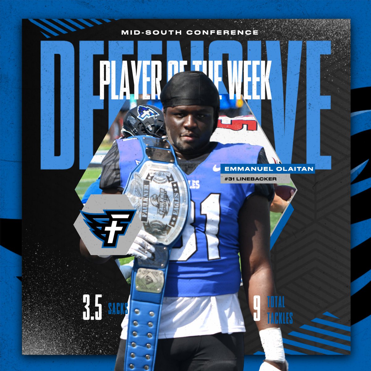 FaulknerATHL's tweet photo. A monstrous performance in our overtime win over Southeastern leads to the MSC Defensive Player of the Week award! https://t.co/uEOr4enTNw