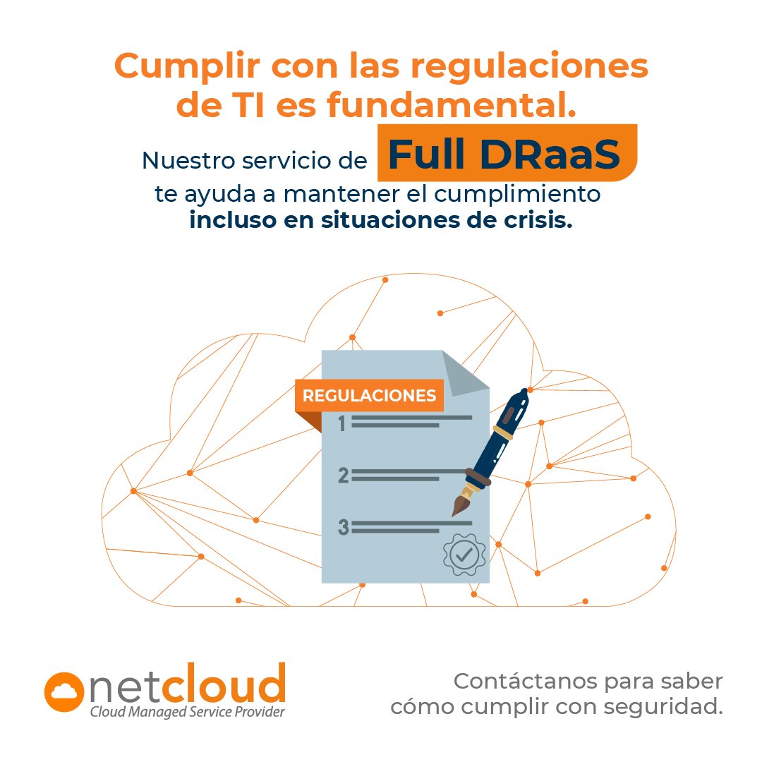 NetcloudMX's tweet photo. Cumplir con las regulaciones de TI nunca ha sido más fácil. Hablemos de como nuestro servicio de Full DRaaS te ayuda a mantener el cumplimiento, incluso en situaciones de crisis -> https://t.co/1Ei86WoNEC

#Cumplimiento #RegulacionesTI #Netcloud #FullDRaaS #DRaaS https://t.co/ET6n7YEbO1