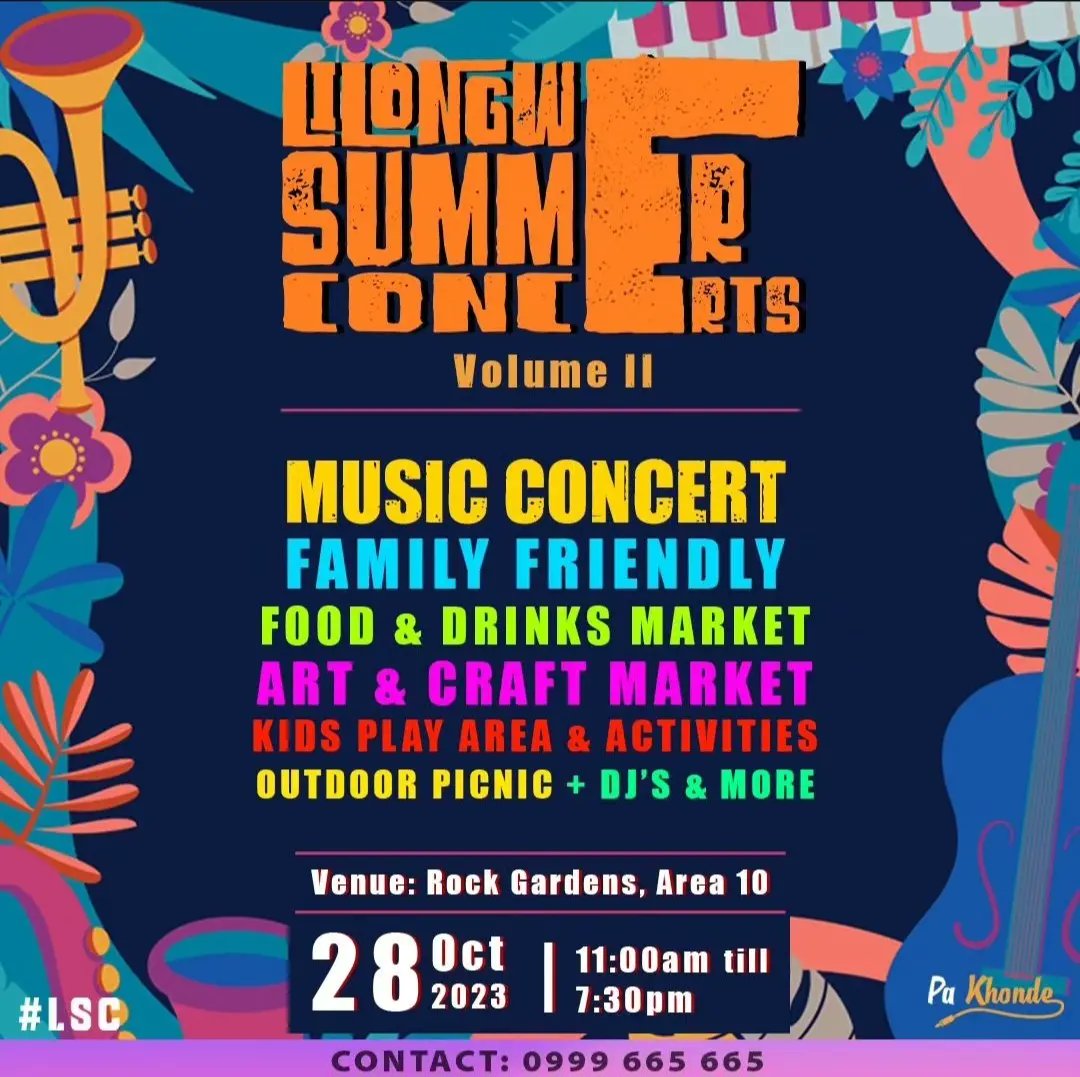 Lilongwe Summer Concert Vol II is here! Mark your calenders for the 28th of October and join us for the ultimate concert of the season! 

Get ready to relax, unwind, eat and drink good, groove, network, and take part in amazing art activities!