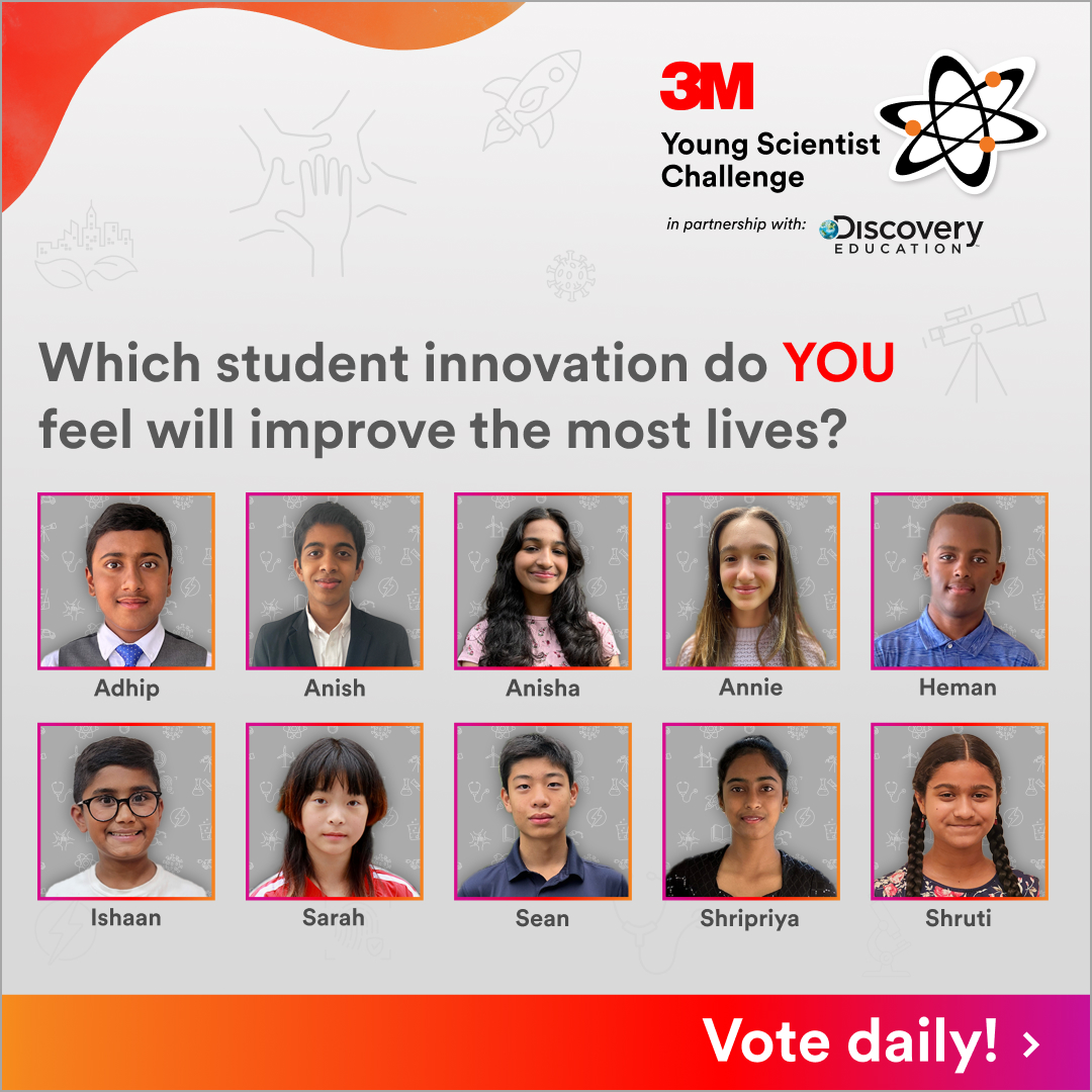 Voting is now open through October 6 for the 2023 3M #YoungScientist Challenge Improving Lives Award. 🗳 Cast your vote for your favorite innovation that you believe has the most potential to make a positive impact on the world: s.3m.com/pbt9py #STEM @discoveryed