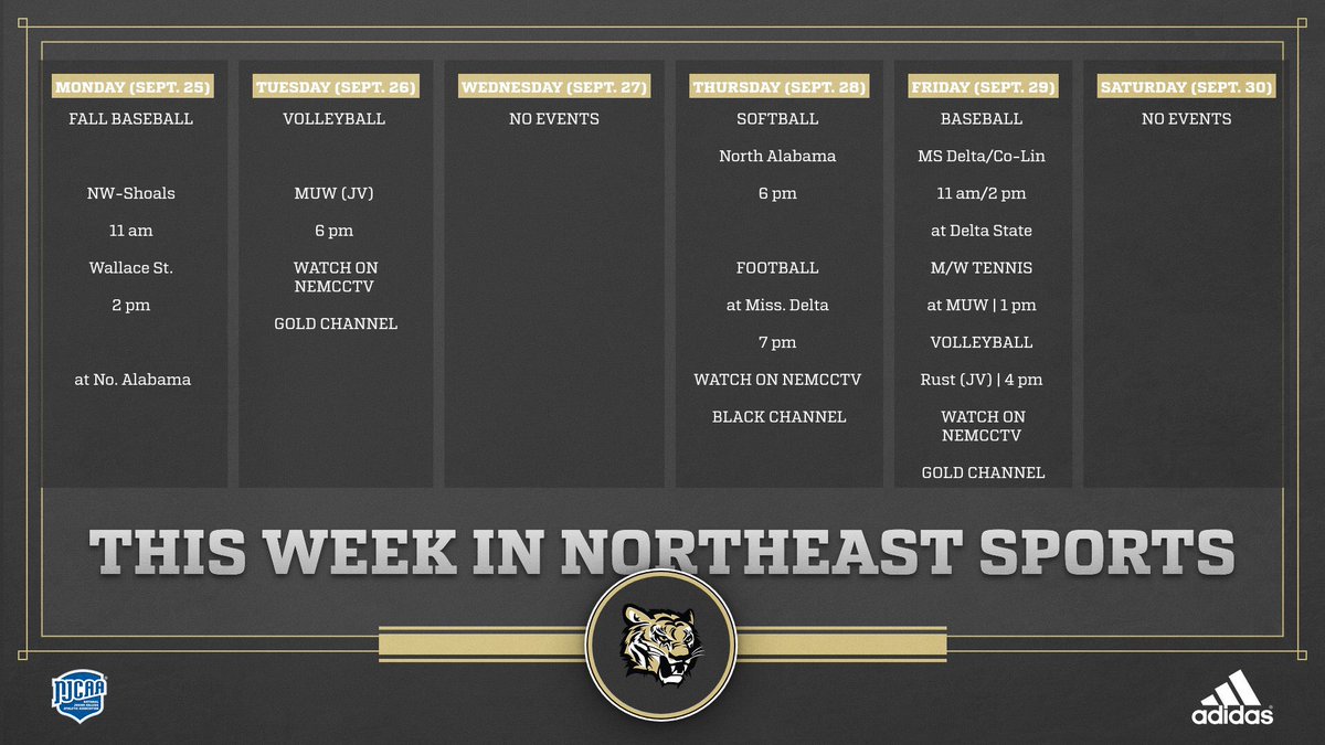 ATH | Home games for <a href="/NEMCCVB/">Northeast Volleyball</a> &amp; <a href="/nemccsoftball/">NEMCCSOFTBALL</a> highlight another jam packed week of action in #TigerTown!

#NEMCC 🏈 looks to extend its red hot start as well with a business trip down to the delta!

Always visit nemccathletics.com for updates schedules, stats, rosters, etc.