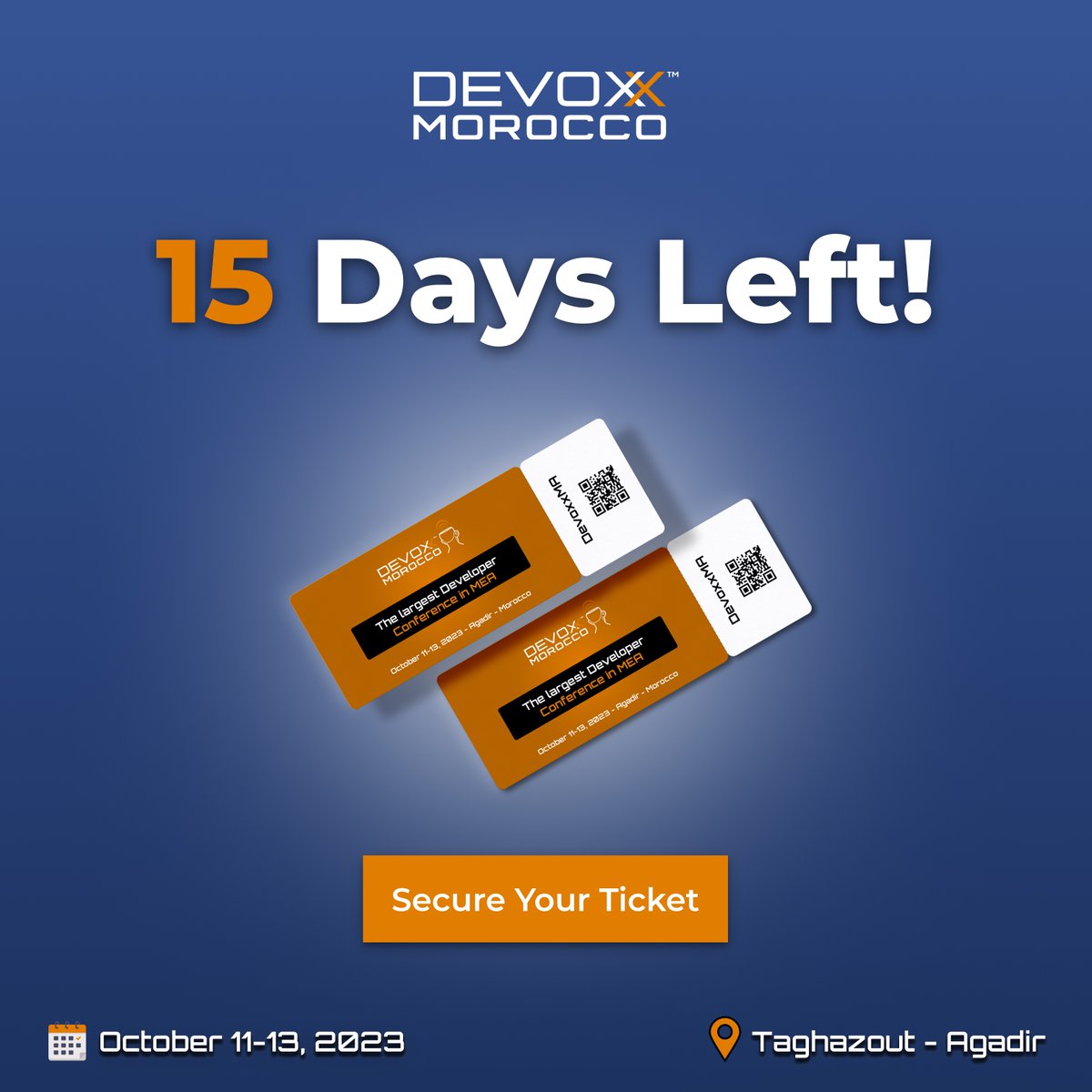 🚀 Only 15 days left until #DevoxxMA23!. Tickets are going fast! Secure your spot with our Conf Pass now at devoxx.ma!