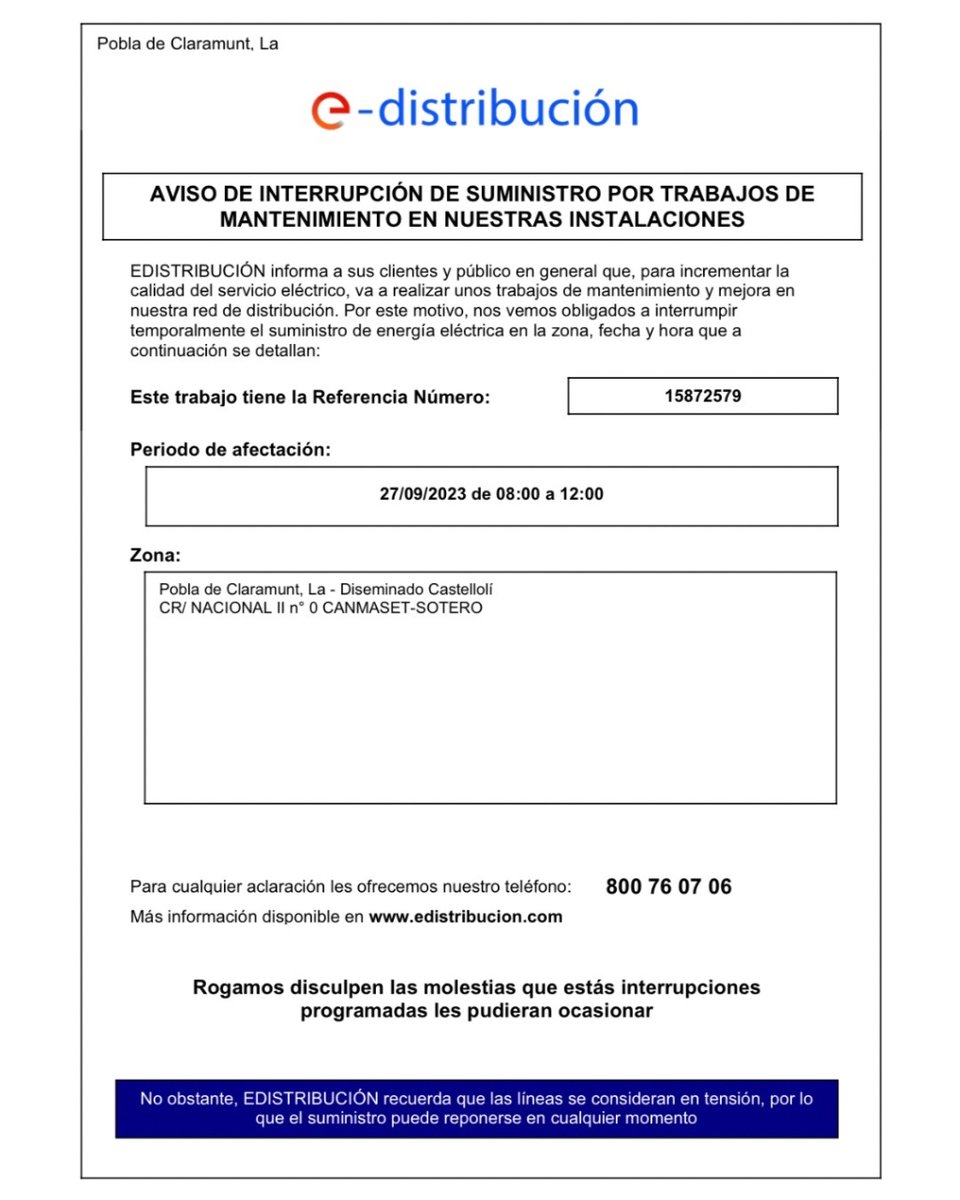 poblaclaramunt's tweet photo. ⚠️'𝐄-𝐃𝐢𝐬𝐭𝐫𝐢𝐛𝐮𝐜𝐢ó𝐧' 𝐞𝐧𝐬 𝐢𝐧𝐟𝐨𝐫𝐦𝐚 que el dia 27 de setembre de 8 a 12h hi haurà una nova interrupció del subministrament elèctric per treballs de manteniment.

#ajlapobladeclaramunt https://t.co/TLXTAzaOgq