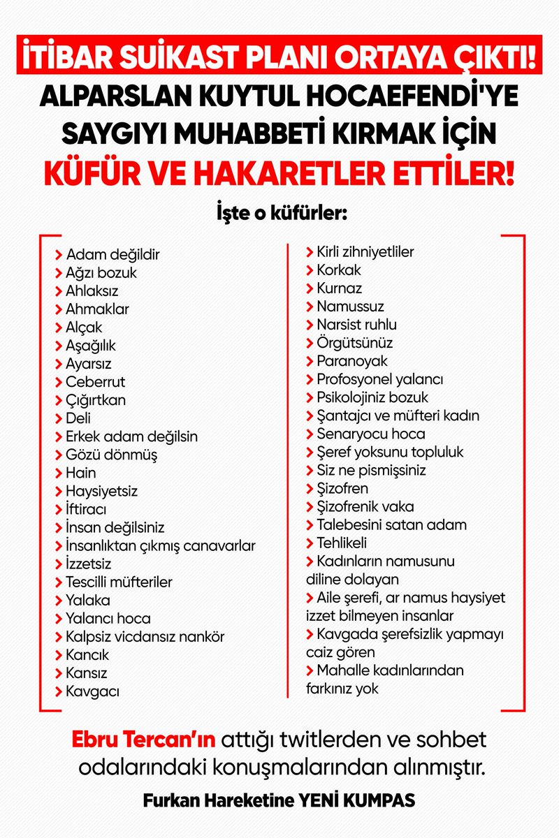 ..ﾆİTİBAR SUİKASTI PLANI ORTAYA ÇIKTI! Fitneciler Alparslan Kuytul Hocaefendi'ye saygıyı, muhabbeti kırmak için küfür ve hakaret ettiler!  FurkanHareketine YeniKumpas  İşte o küfürler: