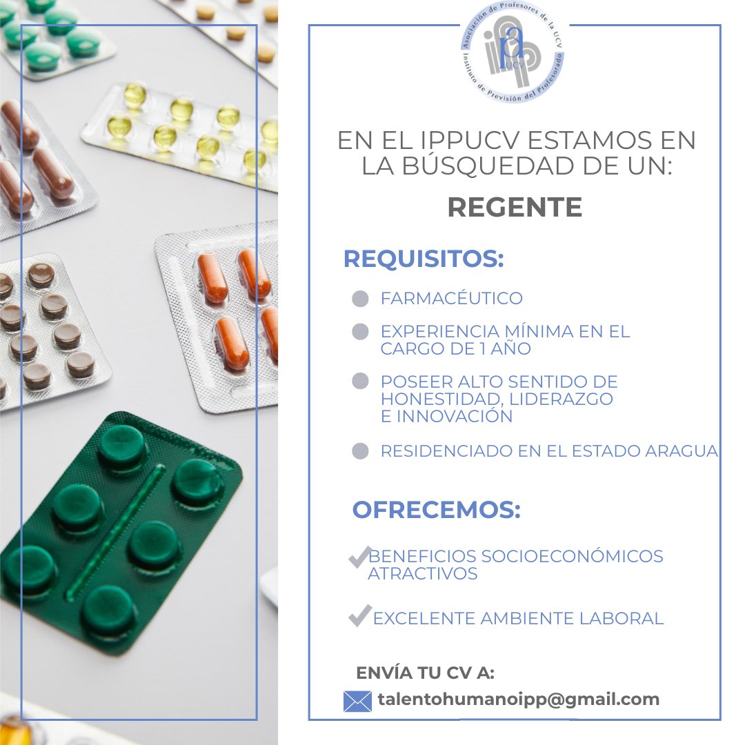 APUCV's tweet photo. Si eres farmacéutico y te gustaría ser regente de nuestra farmacia en el IPPUCV en Maracay, te invitamos a postularte para formar parte de nuestro equipo de trabajo.Envía tu CV al correo: talentohumanoipp@gmail.com 

#UCV #OportunidadLaboral #farmacéutico #empleo #IPPUCV #regente https://t.co/gbIhS0cOAo