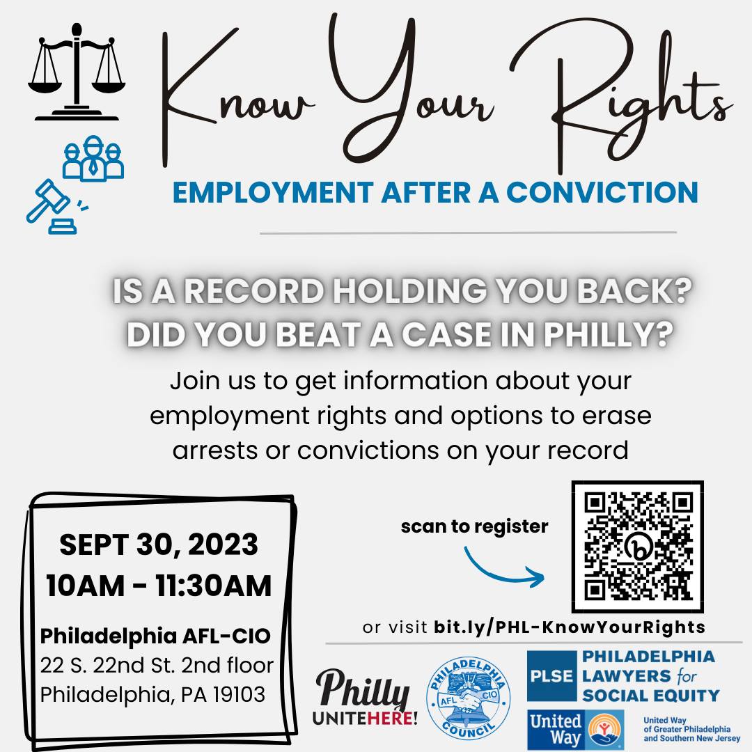 If your record is holding you back join our friends at the <a href="/PhillyAFLCIO/">Philly AFL-CIO</a> on Saturday at 10AM to get information about your employment rights and options to erase arrests or convictions on your record. 

Register at bit.ly/PHL-KnowYourRi…