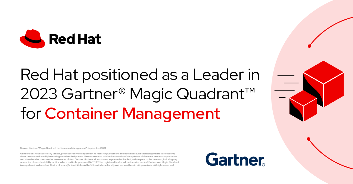 Breaking news 📰 <a href="/Gartner_inc/">Gartner</a> places Red Hat as a Leader in the Magic Quadrant for Container Management. Read all about it: bit.ly/46iYS06 @OpenShift #Containers