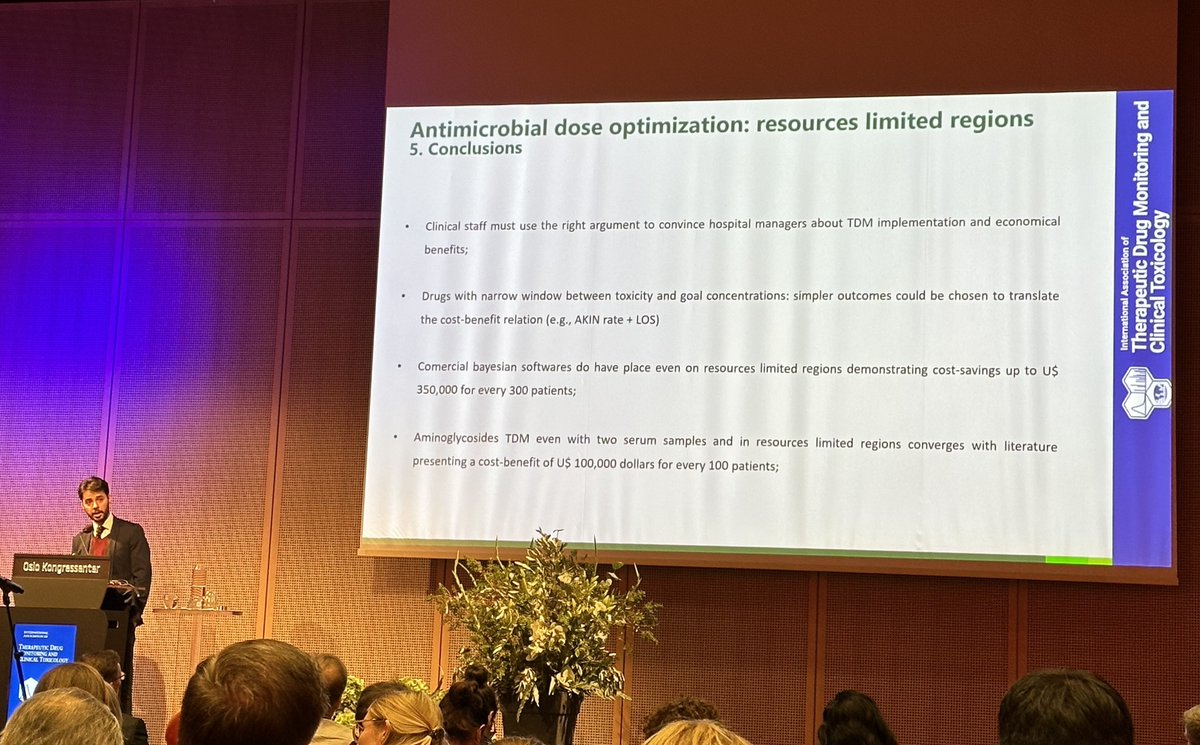 DoseMeApp's tweet photo. Fantasic presentation by Dr. João Telles on antimicrobial dose optimization in regions with limited resources, highlighting cost savings of $350,000 associated with use of #Bayesiandosing software. #IATDMCT2023 https://t.co/NsOyVGVEsI