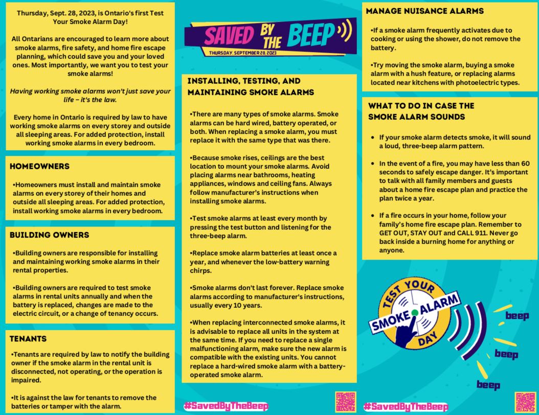 Watch for our Saved By the Beep brochure in your mailbox!  It is full of excellent information for everyone on smoke alarms!  We encourage everyone to take the time this Thursday September 28th to test their smoke alarms and ensure they are in working order!
 #SavedbytheBeep.