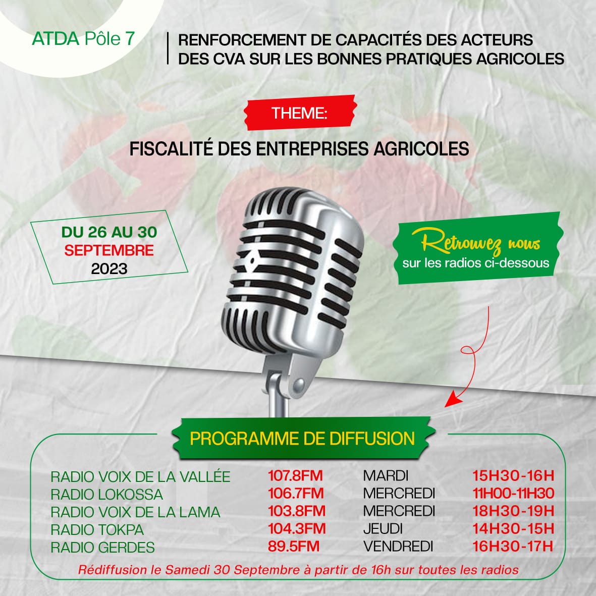 LERURAL2's tweet photo. 📻🎙️RENFORCEMENT DE CAPACITÉS DES ACTEURS DES CVA SUR LES BONNES PRATIQUES AGRICOLES
Thème de cette semaine : 𝗙𝗜𝗦𝗖𝗔𝗟𝗜𝗧𝗘́ 𝗗𝗘𝗦 𝗘𝗡𝗧𝗥𝗘𝗣𝗥𝗜𝗦𝗘𝗦 𝗔𝗚𝗥𝗜𝗖𝗢𝗟𝗘𝗦
Ne manquez absolument pas ces rendez-vous !
#ATDA7 https://t.co/1nlRk6f4qC