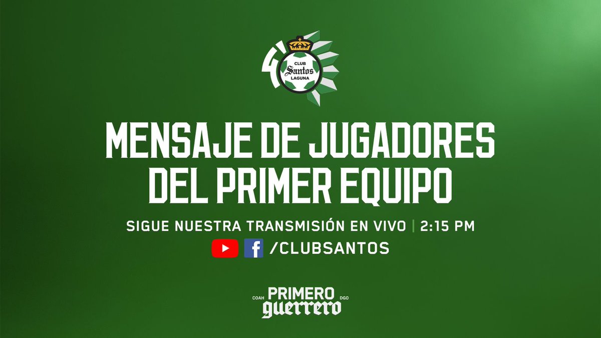 ClubSantos's tweet photo. Habrá mensaje de jugadores del primer equipo, sigan la transmisión en vivo. 🛡️

⏰ 2:15 PM  | #PrimeroGuerrero