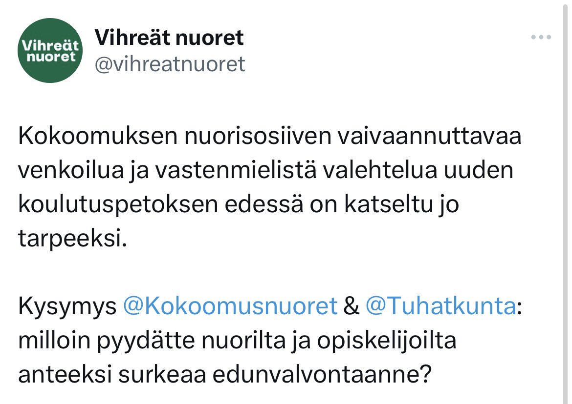 Meidän liiton tarkoituksena ei ole toimia yksittäisen ryhmän edunvalvojana tai etujärjestönä puolueen sisällä, vaan itsenäisenä poliittisena toimijana. 

Lisäksi, tuskin yksikään järkevä tuleva veronmaksaja nuori on mukana valtaukseksi kutsutussa norkoilukampanjassa.