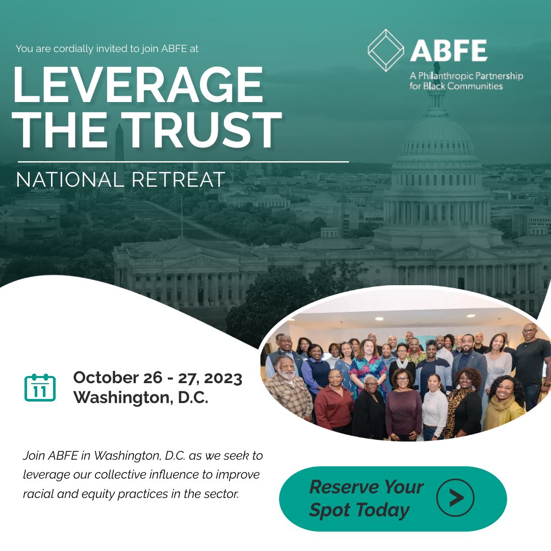 Join ABFE for our exclusive Leverage the Trust National Retreat, an empowering experience for Black foundation trustees and ABFE partners. 📆 Save the Date: Welcome Reception: Thurs., October 26th Full Day of Programming: Frid., October 27th RSVP Now: lnkd.in/gduayhUY