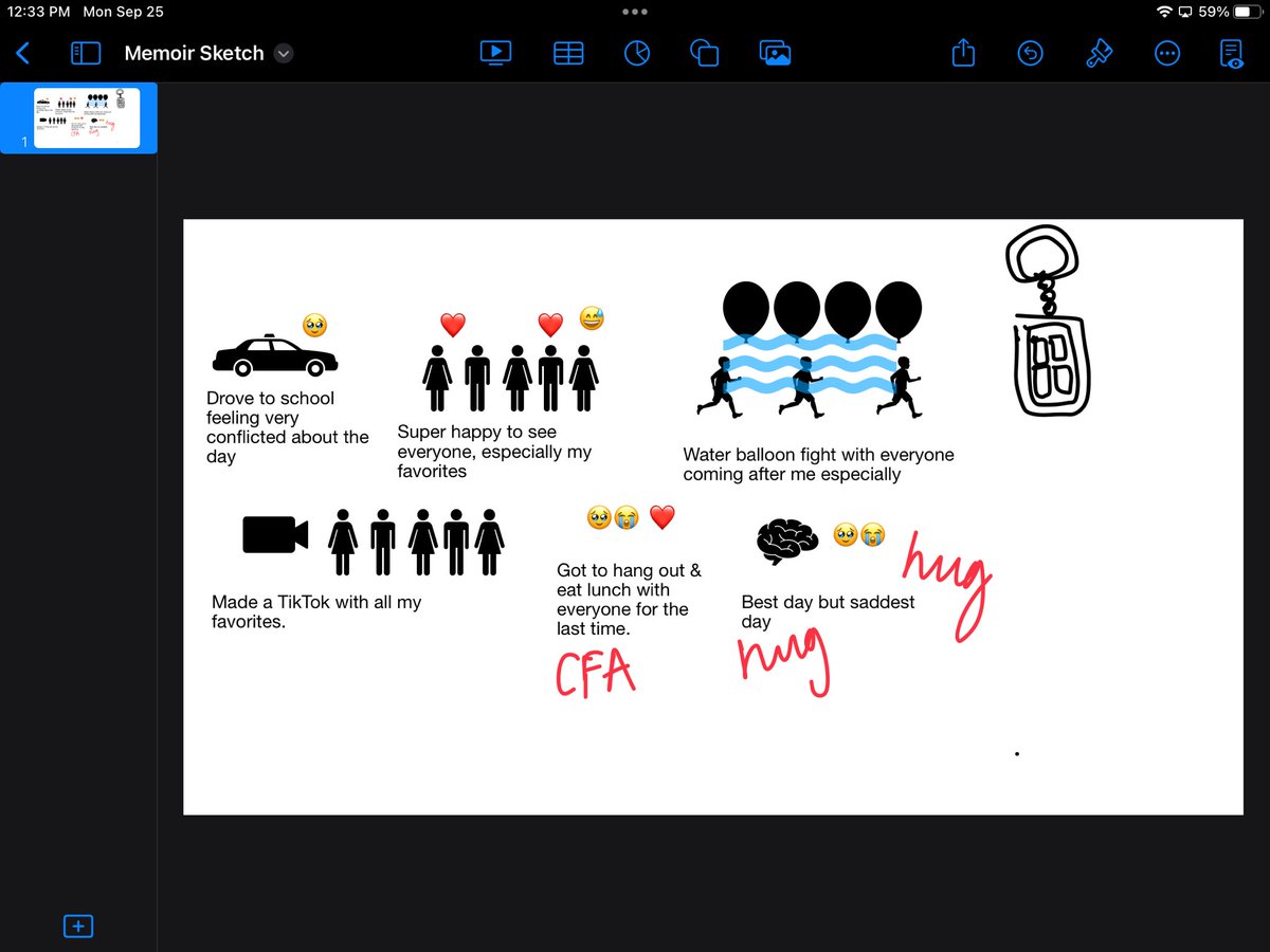 MissBarnes14's tweet photo. Instead of our usual pencil &amp; paper, Ss were able to create quick sketches of their memoirs on #keynote today during writing! Using #AppleClassroom Ss were able to share &amp; use their pointer as they spoke about their sketch. @RLAinRISD https://t.co/b5xaqUeOO1