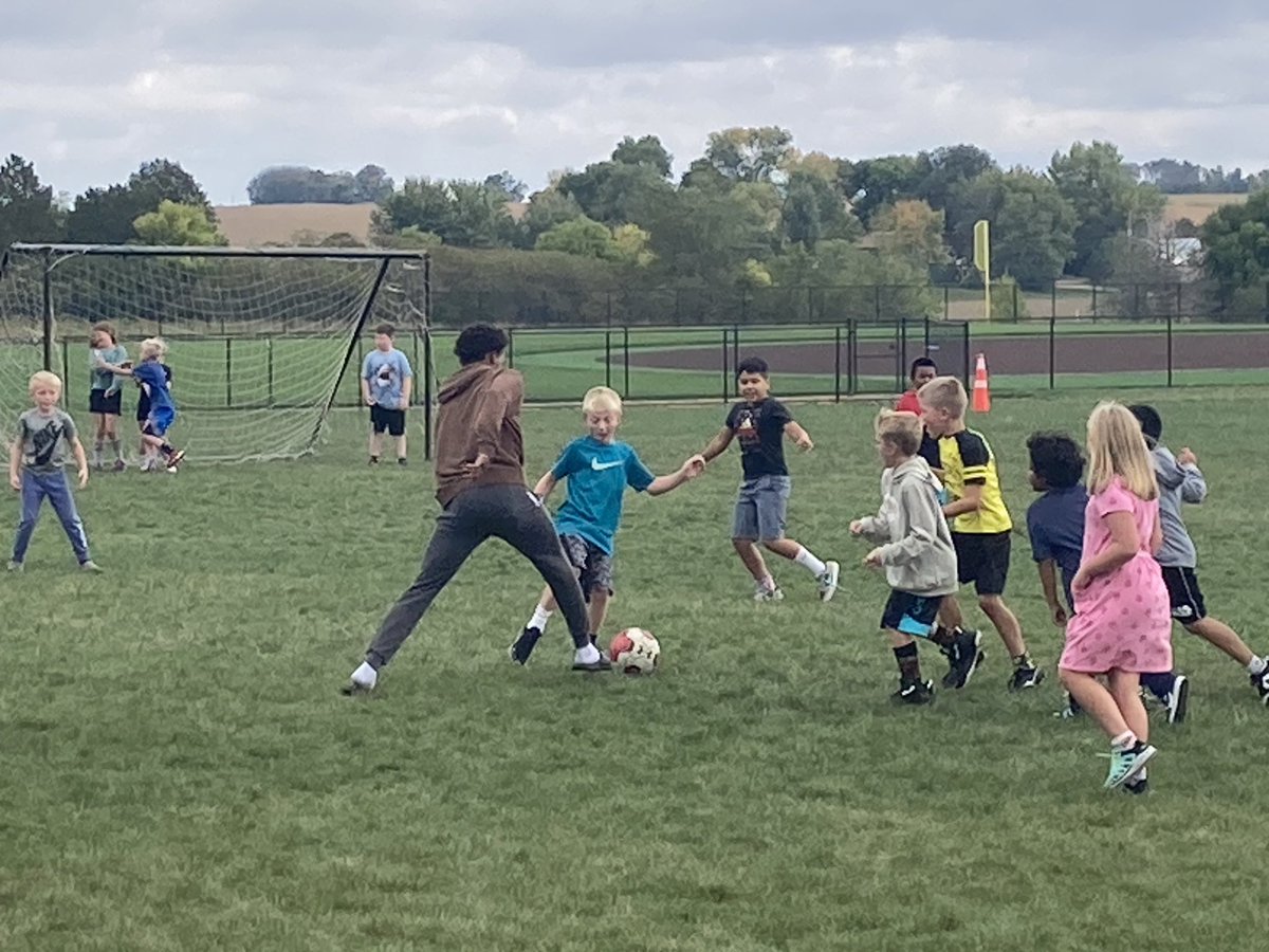 OCElementary's tweet photo. We had a great time with the high school football team visiting us today for lunch and recess. Not sure who had more fun! https://t.co/h69c1SLV3b