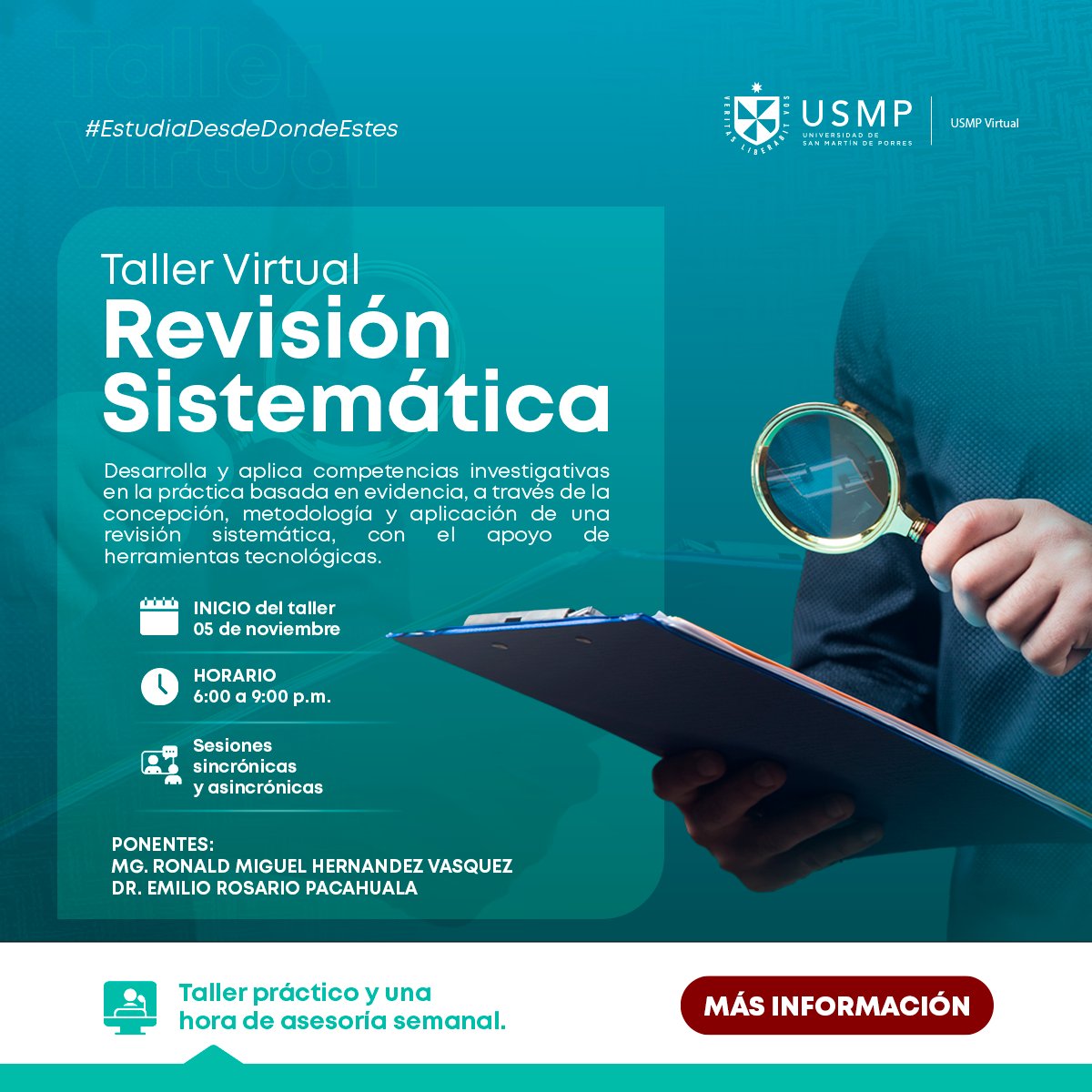 🟦¡𝗔𝗣𝗘𝗥𝗧𝗨𝗥𝗔𝗠𝗢𝗦 𝗡𝗨𝗘𝗩𝗢 𝗣𝗥𝗢𝗚𝗥𝗔𝗠𝗔 𝗩𝗜𝗥𝗧𝗨𝗔𝗟! 
Selecciona los métodos apropiados que incluye la elección de enfoques cualitativos o cuantitativos en nuestro #TallerVirtual de #RevisónSistemática de la #USMPVirtual 
🌐Quiero asistir👉bit.ly/3reTgoC