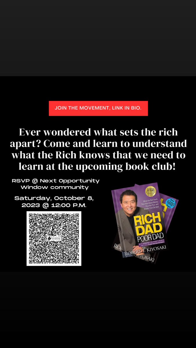 TimeIsN_O_W's tweet photo. 🧠 Overwhelmed by financial jargon? Yearning for clarity?

📚 Dive into "Why Teach Financial Literacy" from "Rich Dad Poor Dad" with our Book Club. Grasp the core principles that set the rich apart and master making money work for you!

RSVP: Next Opportunity Window community. https://t.co/8KhOqNdNY0